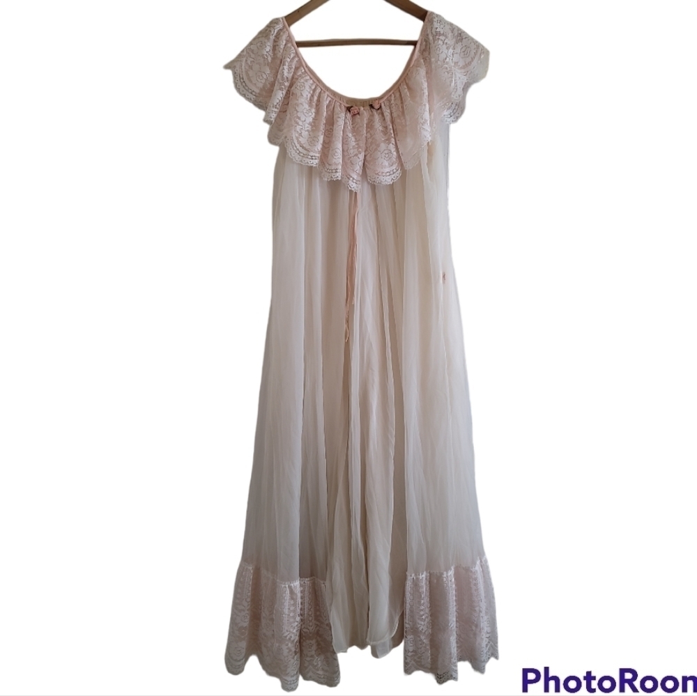 Vintage Peignoir Set Intime White Pink Long 2-piece Robe Nightgown Chiffon Lace